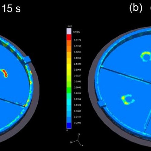 Figure 3 – Contact pressure between part and ejector pins for (a) ejection after 15 s, and (b) ejection after 25 s (c) SIGMA Engineering GmbH Figure 3 – Contact pressure between part and ejector pins for (a) ejection after 15 s, and (b) ejection after 25 s (c) SIGMA Engineering GmbH